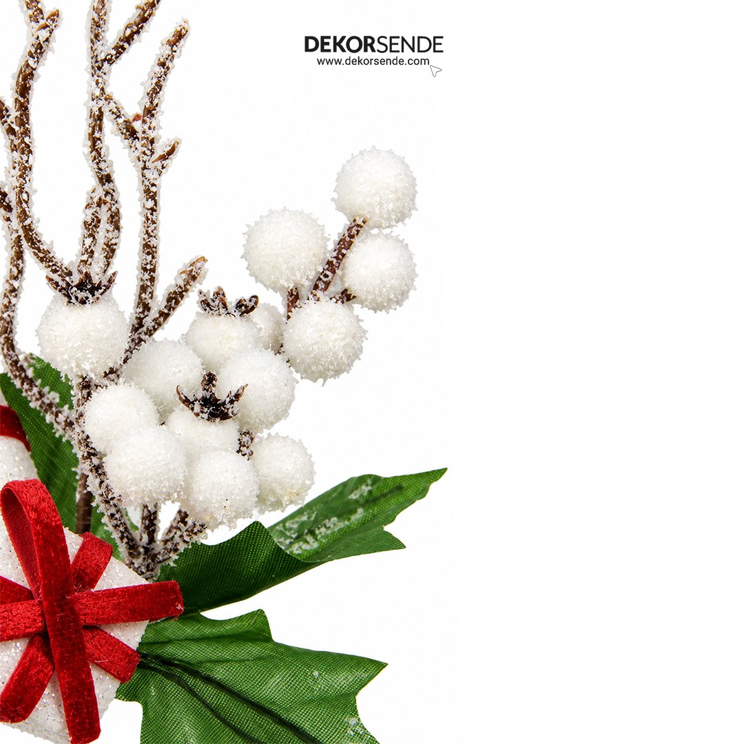 Yılbaşı Süsü Pike Dal Bastonlu Hediye Paketli ve Karlı Beyaz Berry 25 cm