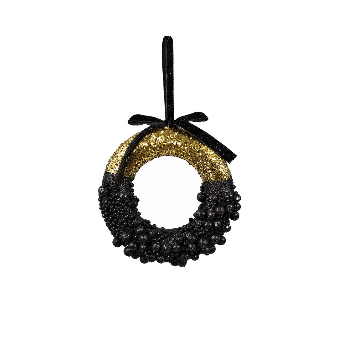 Yılbaşı Süsü Çember Boncuklu Gold Pullu Siyah 13 cm