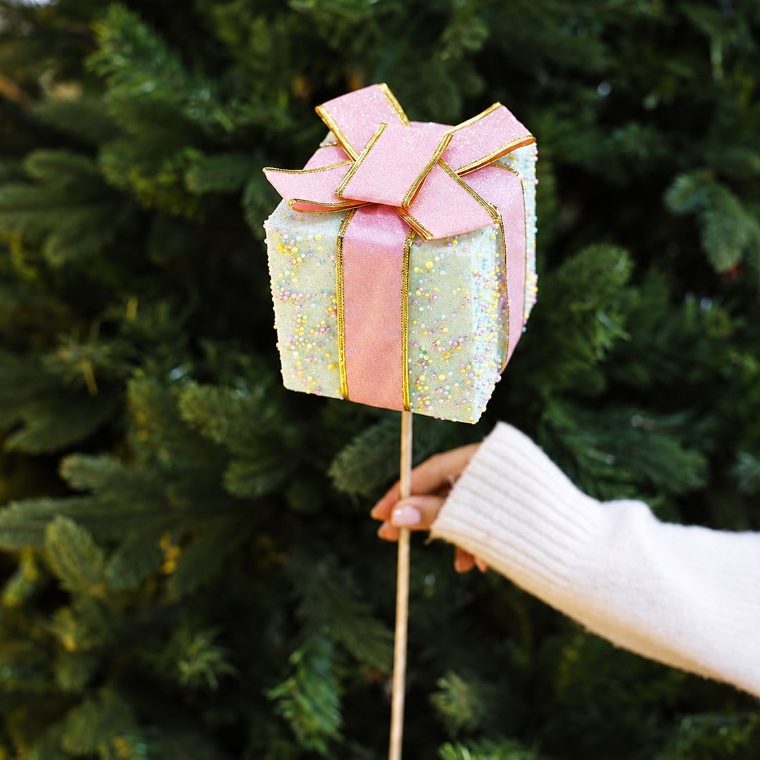Yılbaşı Süsü Hediye Kutusu Çubuk Yeşil Pembe 40 cm