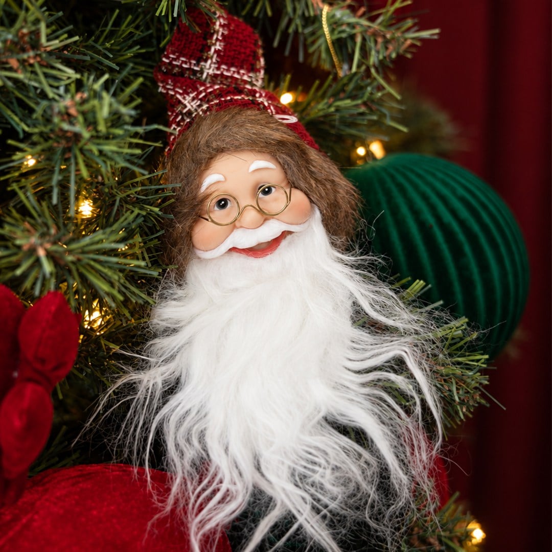 Yılbaşı Süsü Noel Baba Kafası Mini Ekoseli Kürk Detaylı Bordo 25 cm