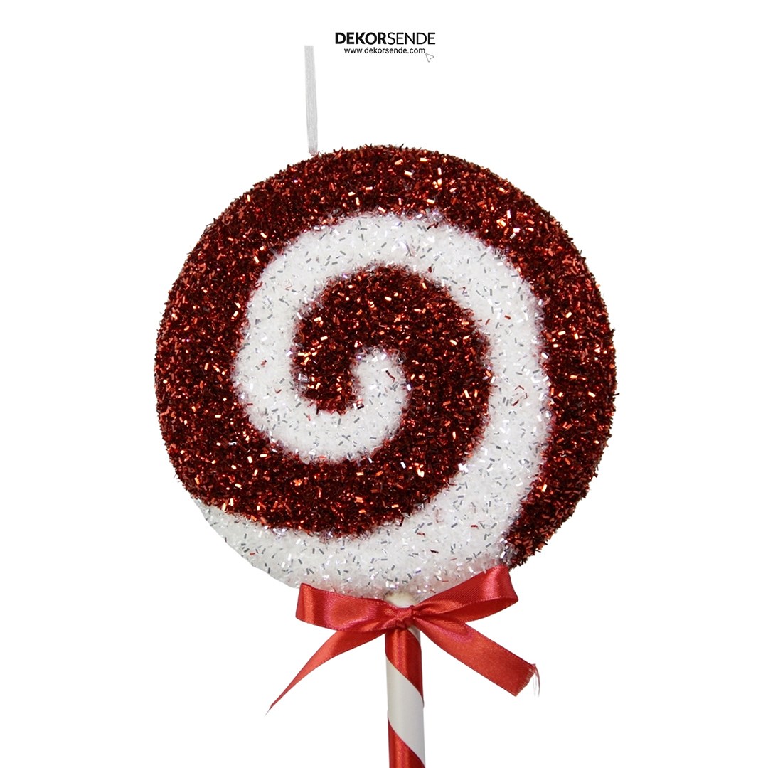 Yılbaşı Süsü Şeker Lolipop Dal Simli Dönence Kırmızı Beyaz 48 cm