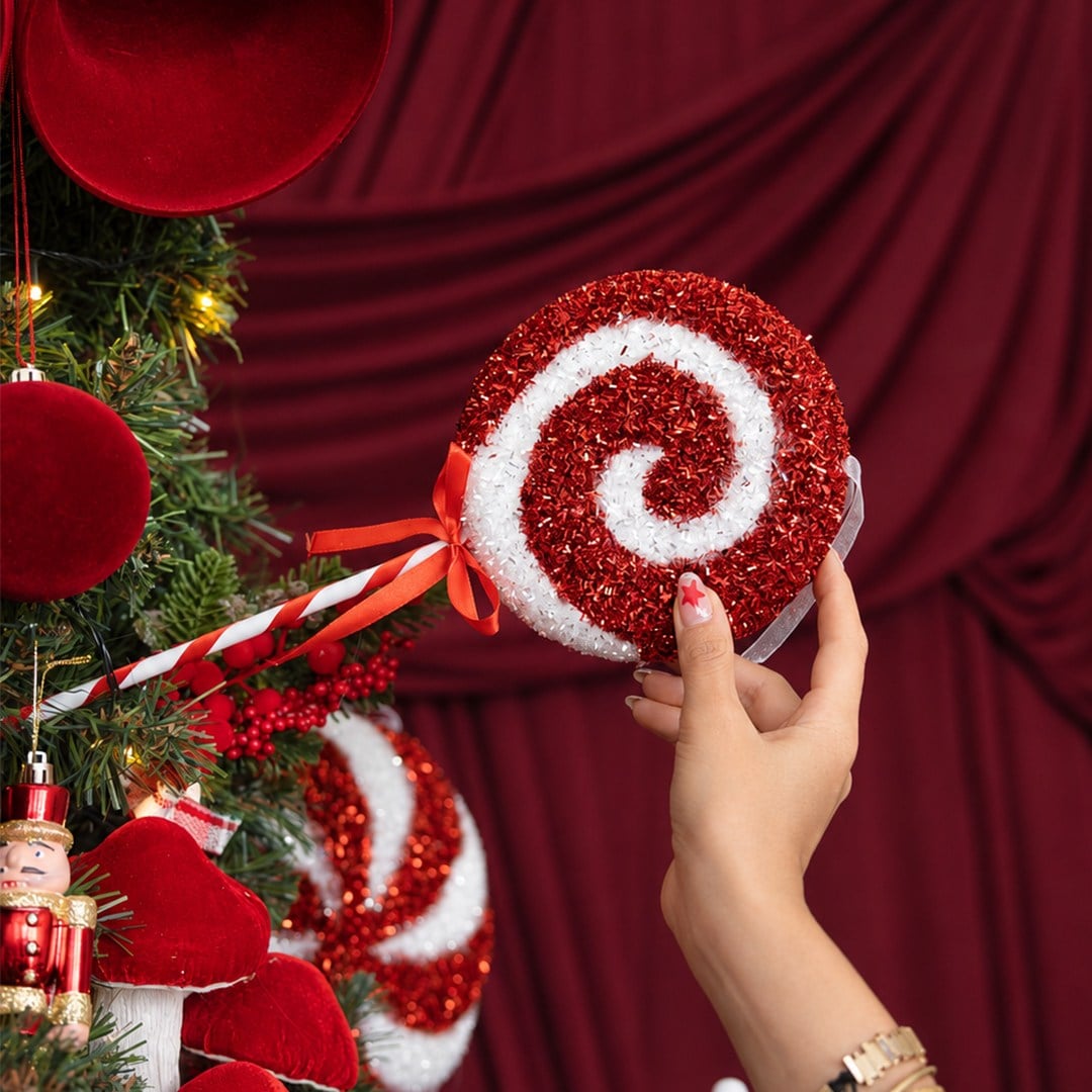 Yılbaşı Süsü Şeker Lolipop Dal Simli Dönence Kırmızı Beyaz 48 cm