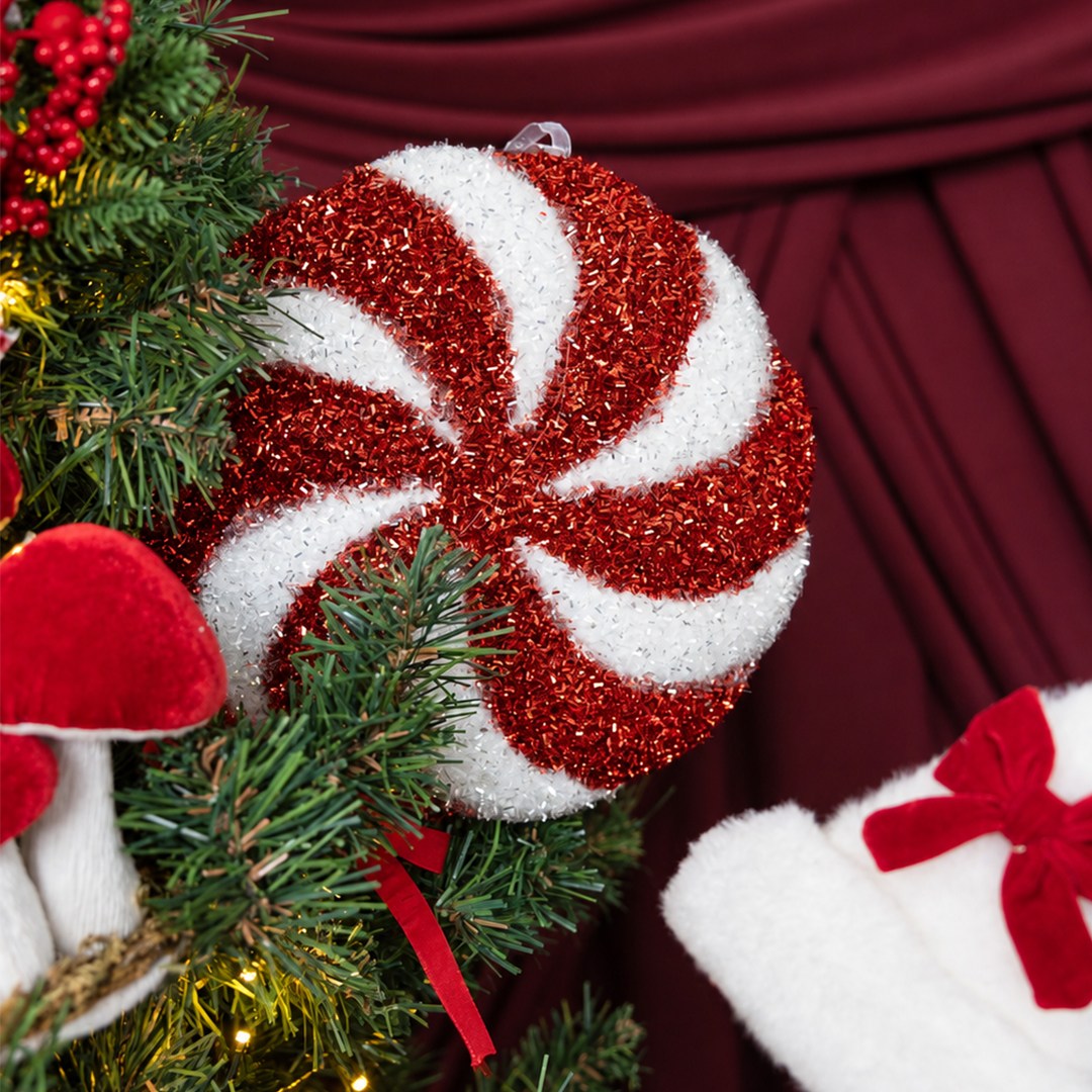 Yılbaşı Süsü Şeker Lolipop Dal Simli Spiral Kırmızı Beyaz 54 cm