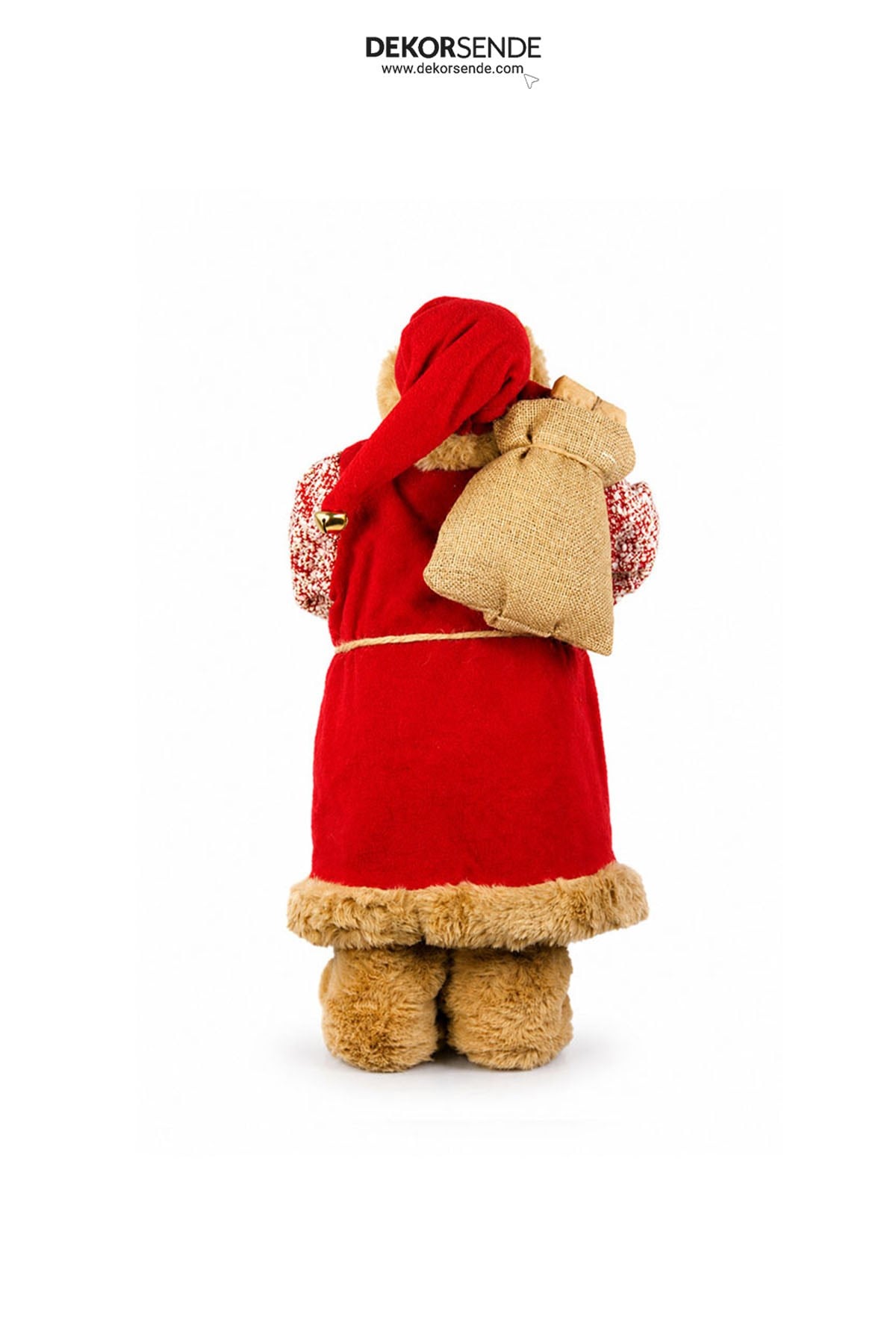 Yılbaşı Yün Örme Cübbeli ve Peluşlu Ayakta Noel Baba Figürü Kırmızı 60 cm