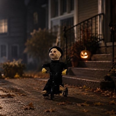 Cadılar Bayramı Bisikletli Hareketli Chucky 35 cm
