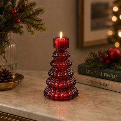 Cam Şamdan Çam Model Mumluk Kırmızı 14 cm