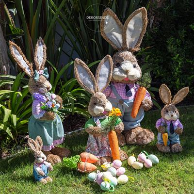 Hasır Örgü Tulumlu Tavşan Figürü Paskalya Biblo Mavi Pembe 30 cm