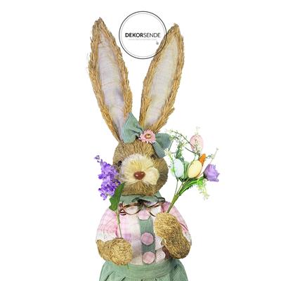 Hasır Paskalya Çiçekli Elbiseli Kız Tavşan Yeşil Pembe 80 cm