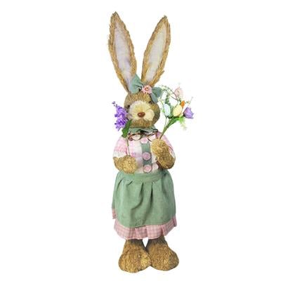 Hasır Paskalya Çiçekli Elbiseli Kız Tavşan Yeşil Pembe 80 cm