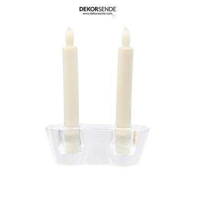 İkili Şeffaf Kristal Cam Mumluk 15x6 cm