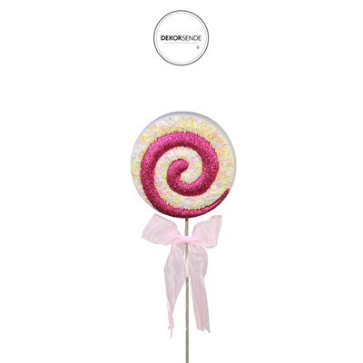 Kar Efektli Pırıltılı Yılbaşı Lolipop Süs Fuşya Beyaz 40 cm