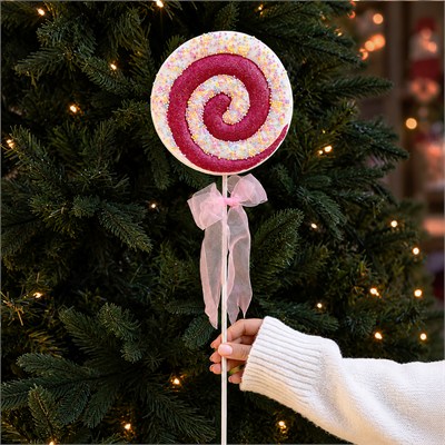 Kar Efektli Pırıltılı Yılbaşı Lolipop Süs Fuşya Beyaz 40 cm