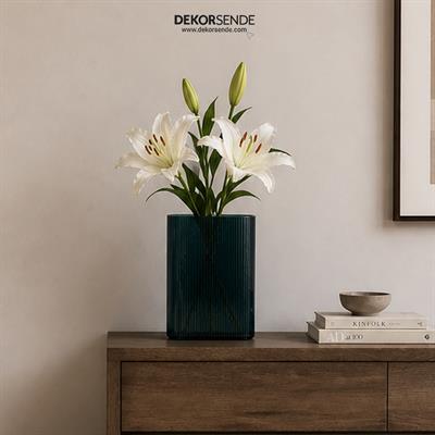Nervürlü Geometrik Cam Vazo Füme 28 cm