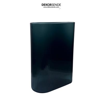 Nervürlü Geometrik Cam Vazo Füme 28 cm