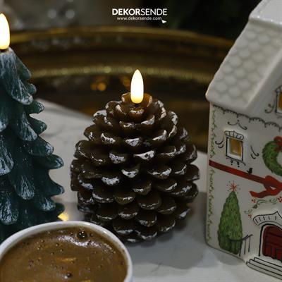 Yılbaşı Süsü Pilli Mum Kozalak Kar Desen Kahve 11 cm