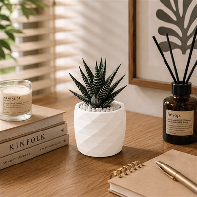 Geometrik Prizma Desen Mini Saksı Beyaz 8 cm