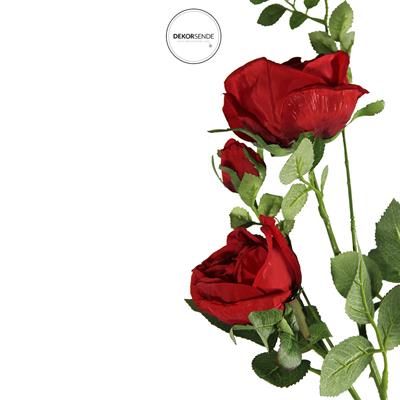 Yapay 3lü Açmış Bahçe Gülü Dalı Kırmızı 66 cm