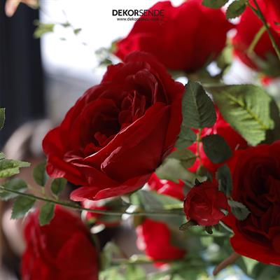 Yapay 3lü Açmış Bahçe Gülü Dalı Kırmızı 66 cm