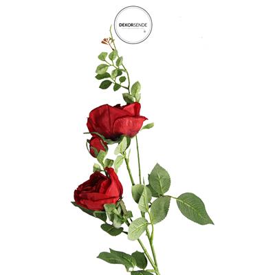 Yapay 3lü Açmış Bahçe Gülü Dalı Kırmızı 66 cm