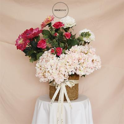 Yapay 3lü Açmış Gül Dalı Fuşya 64 cm