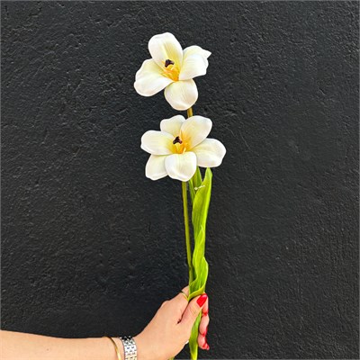 Yapay Lale Dal Açmış Gerçek Dokunuş Beyaz 60 cm