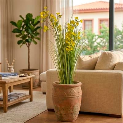 Yapay Sarı Çiçekli Grass Demeti Yeşil 75 cm
