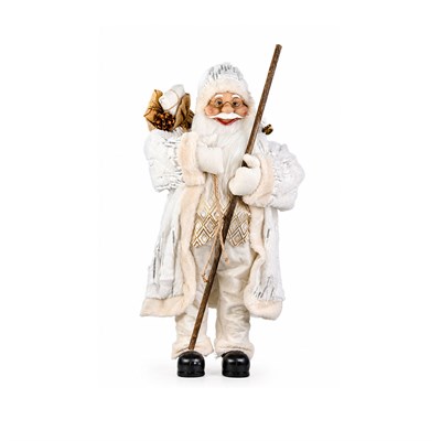 Yılbaşı Baklava Desenli Bastonlu Ayakta Noel Baba Figürü Beyaz-Altın 60 cm