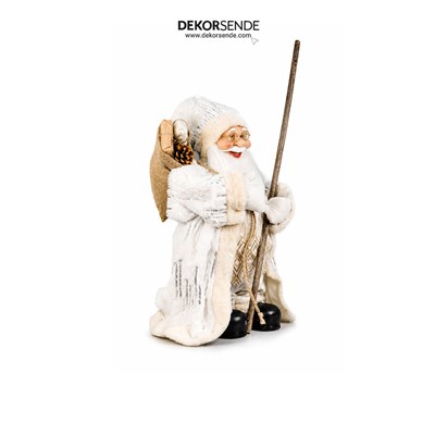 Yılbaşı Baklava Desenli Bastonlu Ayakta Noel Baba Figürü Beyaz-Altın 60 cm