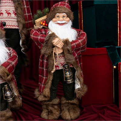 Yılbaşı Noel Baba Ekoseli Kahverengi Kürklü Figürü Kırmızı 60 cm