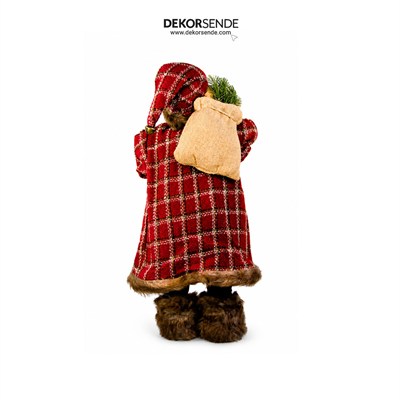 Yılbaşı Noel Baba Ekoseli Kahverengi Kürklü Figürü Kırmızı 60 cm
