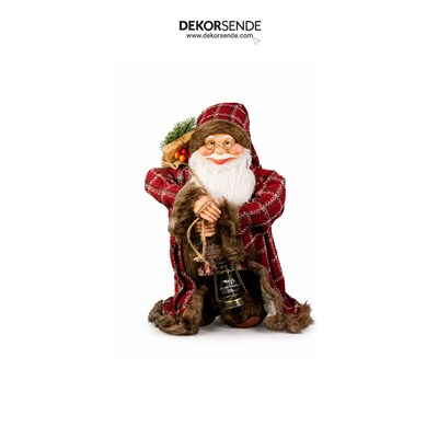 Yılbaşı Noel Baba Ekoseli Kahverengi Kürklü Figürü Kırmızı 60 cm