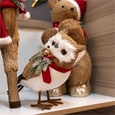 Yılbaşı Figürü Baykuş Naturel Hasır Dokulu Kırmızı Atkılı ve Peluş Detaylı 35 cm