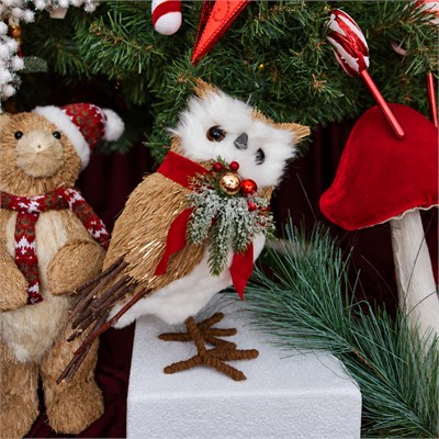 Yılbaşı Figürü Baykuş Naturel Hasır Dokulu Kırmızı Atkılı ve Peluş Detaylı 35 cm