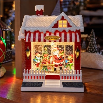 Yılbaşı Kar Küresi Müzikli Işıklı Noel Baba Atölyesi Kırmızı 25 cm