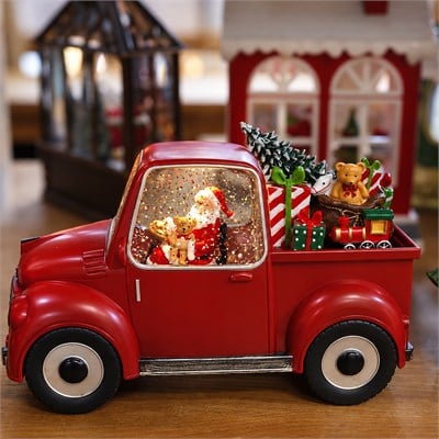 Yılbaşı Kar Küresi Noel Baba Işıklı Araba Kırmızı 22 cm