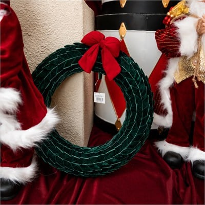 Yılbaşı Süsü Çember / Çelenk Kırmızı Fiyonklu Kadife Örgü Yeşil 40 cm