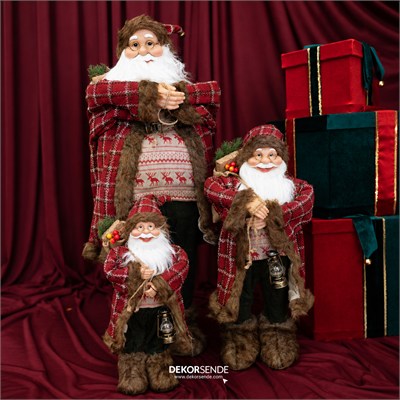 Yılbaşı Noel Baba Ekoseli ve Kürk Detaylı Kırmızı 45 cm