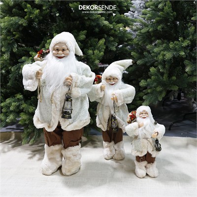 Yılbaşı Polar Ceketli Fenerli Noel Baba Bej 60 cm
