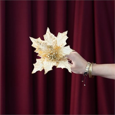 Yılbaşı Ponsetya Pike Gold Kenarlı Simli Altın 30 cm