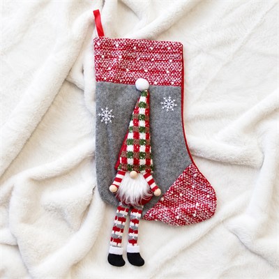 Yılbaşı Süs Ekose Şapka Noel Baba Çorap Gri 60 cm