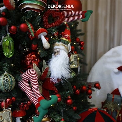 Yılbaşı Süs İşlemeli Şapka Noel Baba Kafası Yeşil Kırmızı 45 cm
