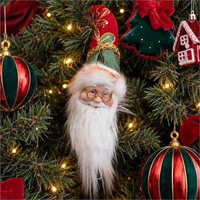 Yılbaşı Süs İşlemeli Şapka Noel Baba Kafası Yeşil Kırmızı 45 cm