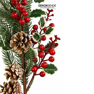 Yılbaşı Süsü Pike Dal Alacalı Yapraklı Kozalaklı ve Kırmızı Berry 62 cm