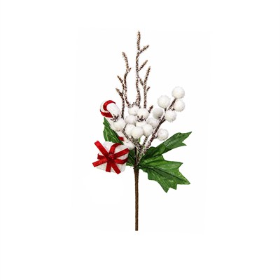 Yılbaşı Süsü Pike Dal Bastonlu Hediye Paketli ve Karlı Beyaz Berry 25 cm