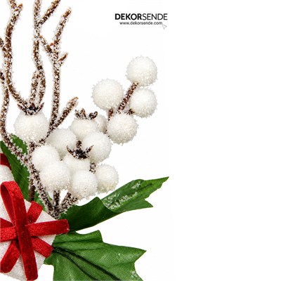 Yılbaşı Süsü Pike Dal Bastonlu Hediye Paketli ve Karlı Beyaz Berry 25 cm