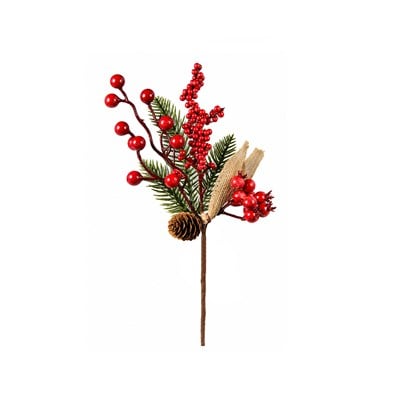 Yılbaşı Süsü Pike Dal Berry Kozalak ve Jüt Kurdeleli Kırmızı 33 cm