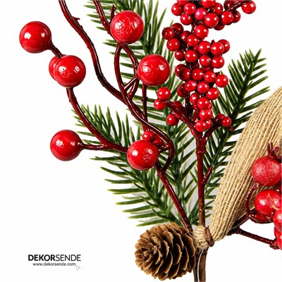 Yılbaşı Süsü Pike Dal Berry Kozalak ve Jüt Kurdeleli Kırmızı 33 cm