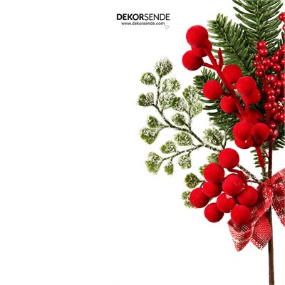 Yılbaşı Süsü Pike Dal Berry ve Ekose Kurdeleli Çam Kırmızı 32 cm