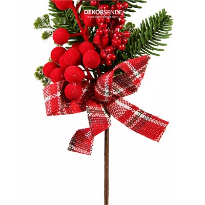 Yılbaşı Süsü Pike Dal Berry ve Ekose Kurdeleli Çam Kırmızı 32 cm
