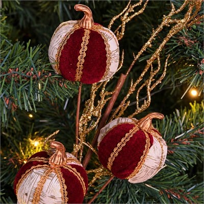 Yılbaşı Süsü Dal Kabak 3lü Top Altın Süslü Bordo 75 cm